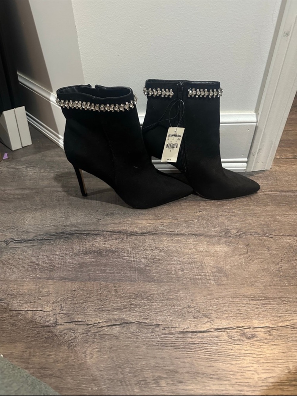 Express Black Rhinestone Trim Suede Ankle Booties